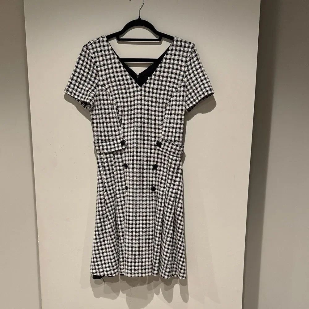 DKNY Black and White Checkered Midi Dress